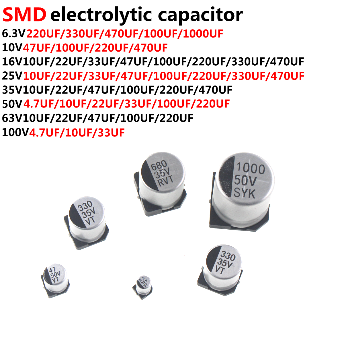 100/50/20pcs SMD 6.3V 10V 16V  - Capacitor Kit Assortment avaliação e preço